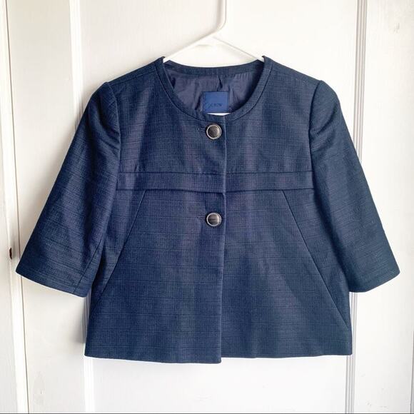 J. Crew Cropped Cotton Hemp Blend Jacket 3/4 Sleeve Navy Buttons Structured 0 - Picture 1 of 5